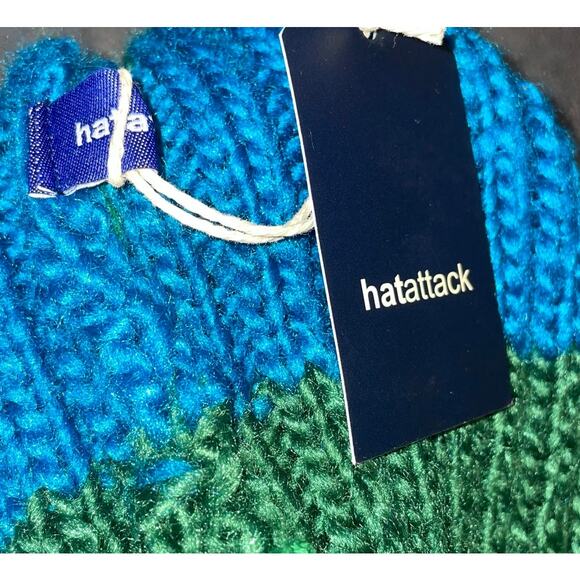 Hat Attack Beanie Cap Knit Happy Stripes Faux Fur Pom Skull Gift OS Blue Green - Picture 8 of 9